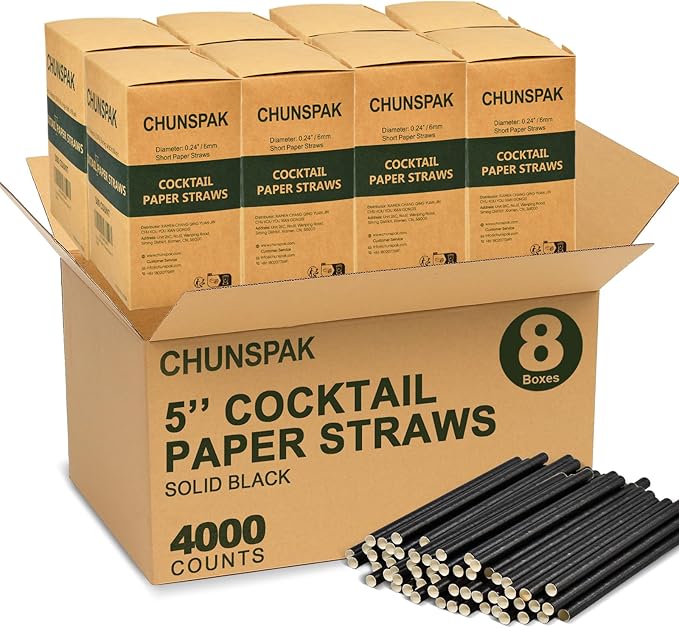5 inch Disposable Black Paper Cocktail Straws Bulk (Case of 4,000 ct.) - for Cocktail, Coffee, Short Drinks, Bars, Restaurants