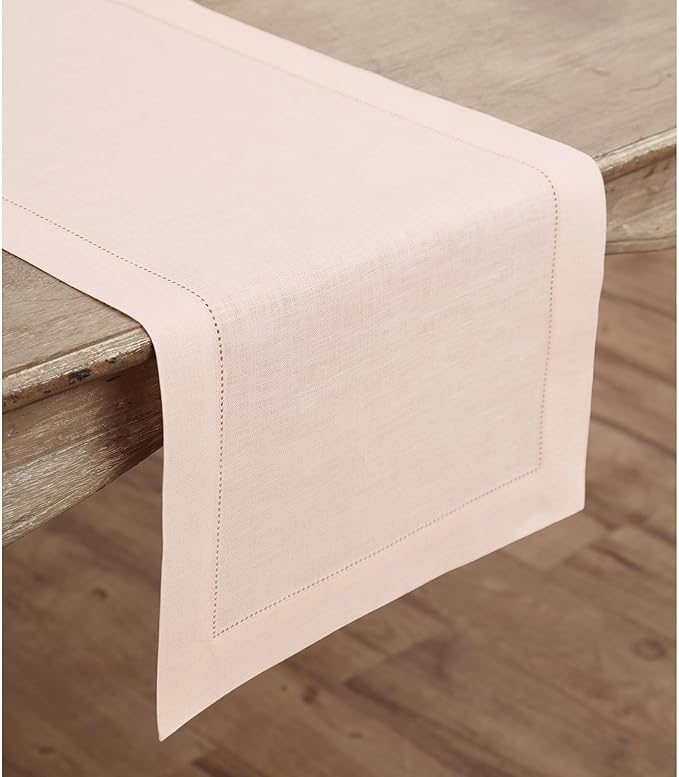 Solino Home Linen Pink Table Runner 132 Inches Long - 100% Pure Linen Extra Long Table Runner 14 x 132 Inch for Mothers Day, Spring, Summer - Classic Hemstitch