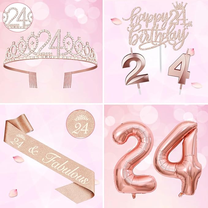 24th Birthday Decorations for Women, Include 24th Birthday Sash and Tiara, Cake Topper and Candles, Number Balloons, 24 Year Old Gifts for Women