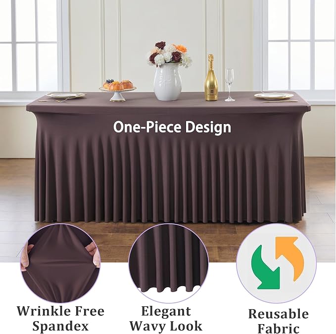 6 Pack Brown Spandex Tablecloths for 6 Foot Rectangle Tables, Wrinkle Free Stretchy Table Cloths 6ft Fitted Table Cover DeskSkirt for Weddings Birthday Party Banquet Baby Shower