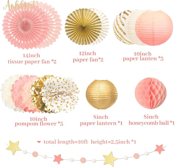 AOBKIAT Pink Gold Party Decorations Kit - 27PCS wirh Pom Poms & Lantern & Fans & Swirls & Garland & Crepe Paper Streamers for Birthday,Wedding,Baby Shower,Bachelorette,Princess Party