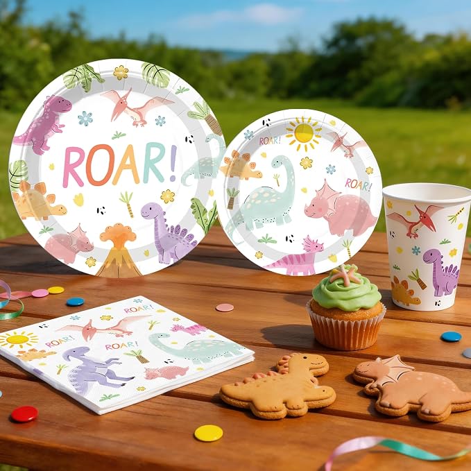 293pcs Pink Dinosaur Birthday Decorations for Girl, Worry-free One-stop Set for 25 Guests, with Dinosaur Balloon Arch, Plates and Dino Cupcake Stand, Easy Setup for Dinosaur-Themed Party