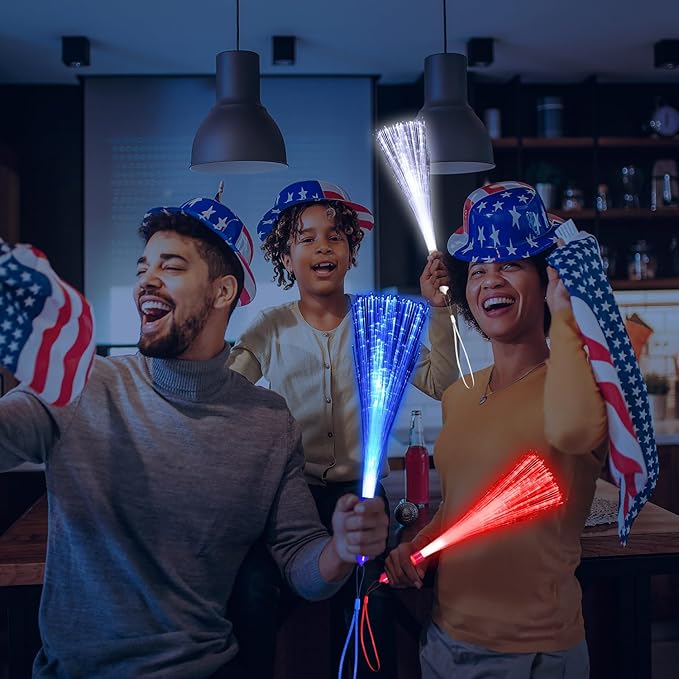60 Pack Red Blue White Fiber Optic Wands Glow Fiber Wands Bulk LED Light Up Wands with 3 Flashing Modes LED Flashing Sticks for July 4th Halloween Christmas Hawaii Carnival Wedding Birthday
