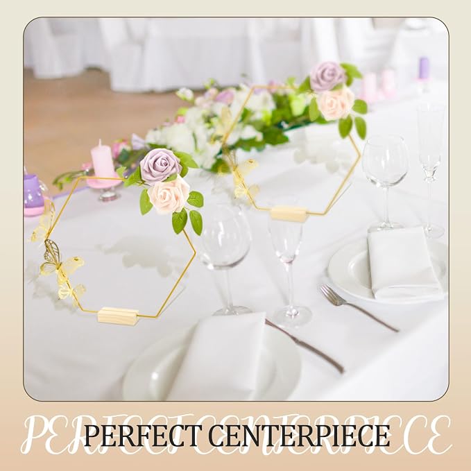 Vercraft 12 Set butterfly Metal Floral Hoop Table Centerpieces Include Metal Ring with Base 3D Butterfly Decoration, PE Foam Flower, Adhesive Dots, Gold Wires for DIY Wedding Baptism Party(Hexagon)
