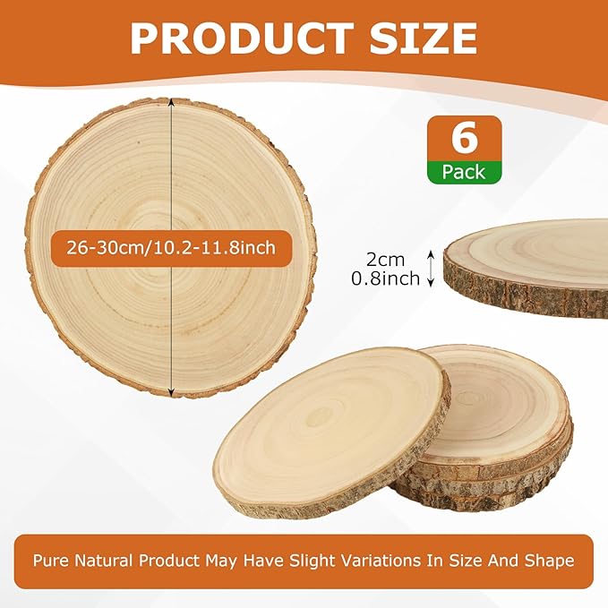 WOPPLXY 6 Pcs Large Unfinished Wood Slices for Centerpieces, 10-11 Inches Wood Rounds for Tables Decor Round Wooden Discs, Wooden Slices Rustic Wood Slabs for DIY Crafts, Wedding,Christmas,Table Decor