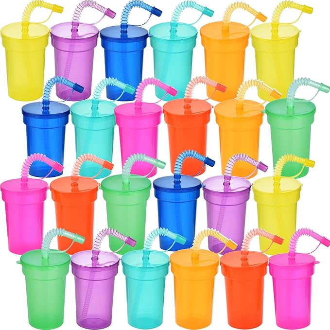 Haundry 24 Pack Kids Party Cups with Lids and Straws, Colorful Plastic Sipper Party Favor Cups for School Events and Birthday Celebrations Supplies, Neon Colors