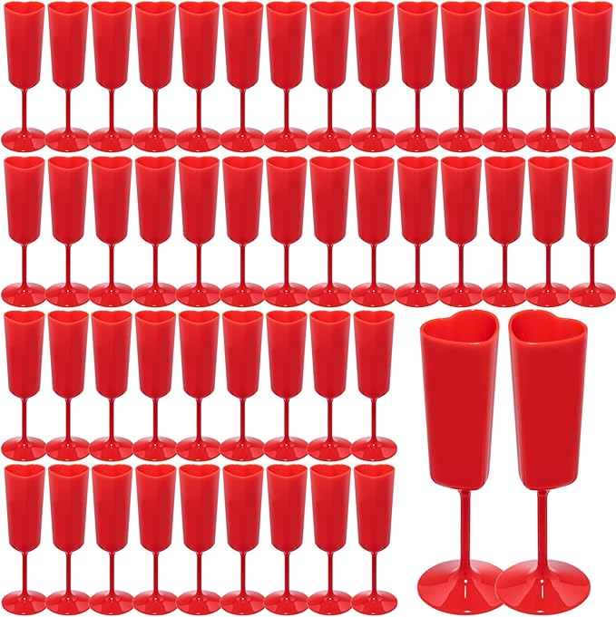 Valentines Day Heart Shaped Wine Glass 6 OZ Elegant Plastic Reusable Wedding Champagne Flutes Galentines Party Acrylic Wine Colored Cups Mimosa Cocktail Toasting Goblets for Birthday Bridal (Red,48）