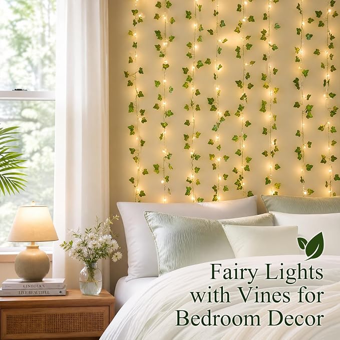 Vines with Lights for Dorm Room, 200 LED Fairy Curtain Lights with Ivy Vines,Warm White Fairy String Lights for Bedroom, 6.5 ft x 6.5 ft, USB Powered with Remote Control and 8 Modes for Bedroom Decor