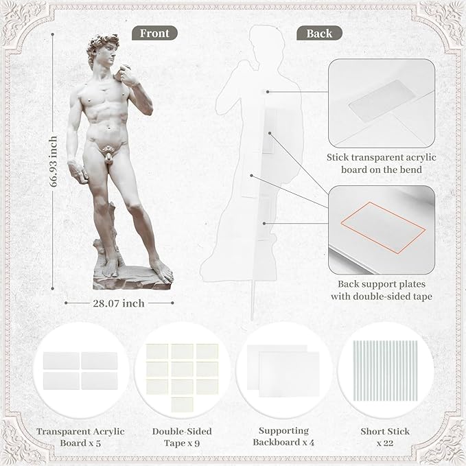 67" David Cardboard Cutout Life-Size David Statue Standee for Art Party Decor, Realistic Sculpture for Classroom Display, Museum Events, Photo Booth Backdrop, Cultural Educational