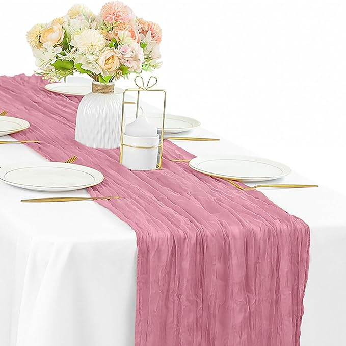 Cheesecloth Table Runner 10FT Dusty Rose Runner for Tables Gauze Fabric Boho 35 x 120 Inches Long Table Runner Decoration Rustic Sheer Runner for Wedding Baby Birthday Party (Dusty Rose)