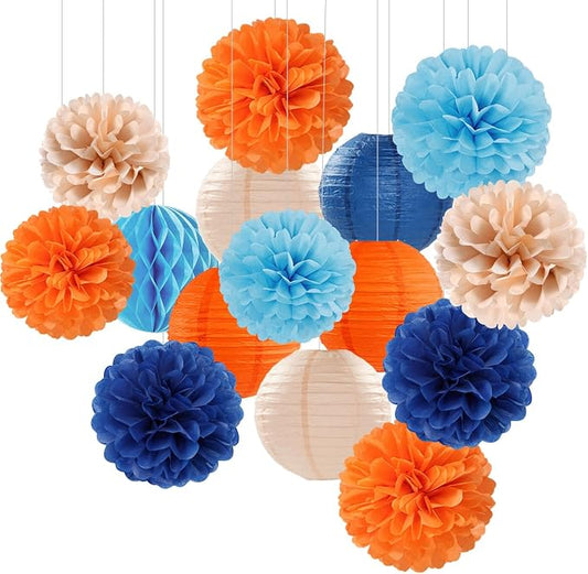 Navy-Blue Orange Champagne Party-Decorations Paper-Flowers - 15pcs Fall Birthday Baby Bridal Shower Tissue Pom Poms Lanterns Streamers Honeycomb, Wedding Bachelorette Hanging Supplies Decor Hugfond