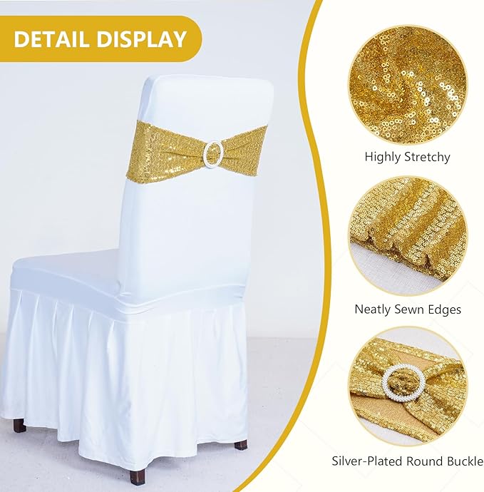 SquarePie Pack of 10 Sequin Chair Sashes Bands Glitter Gold Double-Sided Sequins Stretch Chair Cover Bows with Buckle Slider for Wedding Party Fiesta Banquet Decor
