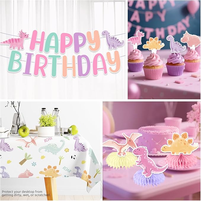 Pastel Dinosaur Birthday Decorations Girl, Dinosaur Birthday Banner, Cupcake Toppers, Disposable Table Cloth, Plates and Napkins Serve 50 Guests, Pink Watercolor Cute Girls Dino Theme Party Supplies