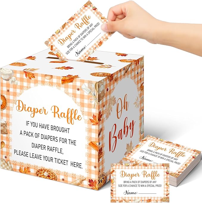 Teling 51 Pieces Diaper Raffle Tickets Box with Card Baby Shower Decorations Gender Reveal Holder Box for Girl Boy Diaper Raffle Party (Little Cutie Pie)