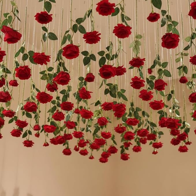 Lyrow 60 Pack Red Roses Artificial Flowers Bulk Hanging Floating Garland Fake Red Rose Vine for Ceiling Decoration Wedding Anniversary Bridal Bouquet DIY Floral Arrangement Proposal Romantic Decor