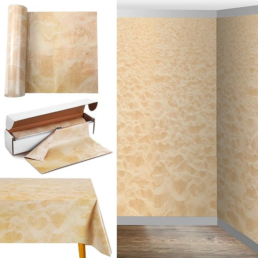 Oudain 54 Inch x 100 ft Beach Sand Wall Backdrop Tablecloth Roll with Cutter Box Plastic Beach Photography Background Natural Scenery Setters Wallpaper Summer Birthday Party Decoration (Beach Gold)
