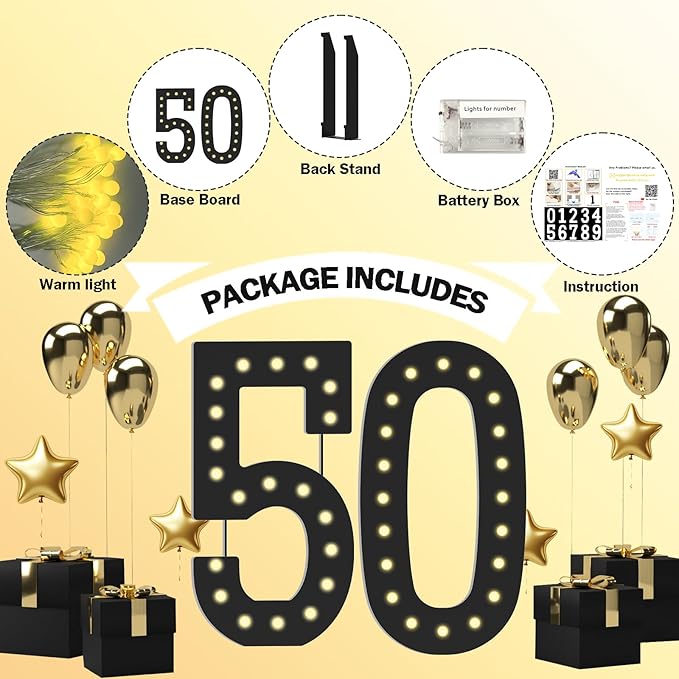 4FT Marquee Light Up Numbers, Black Giant Marquee Number Big Mosaic Number for 50th Birthday Party Decorations Backdrop Anniversary Decor, Pre-Cut Frame
