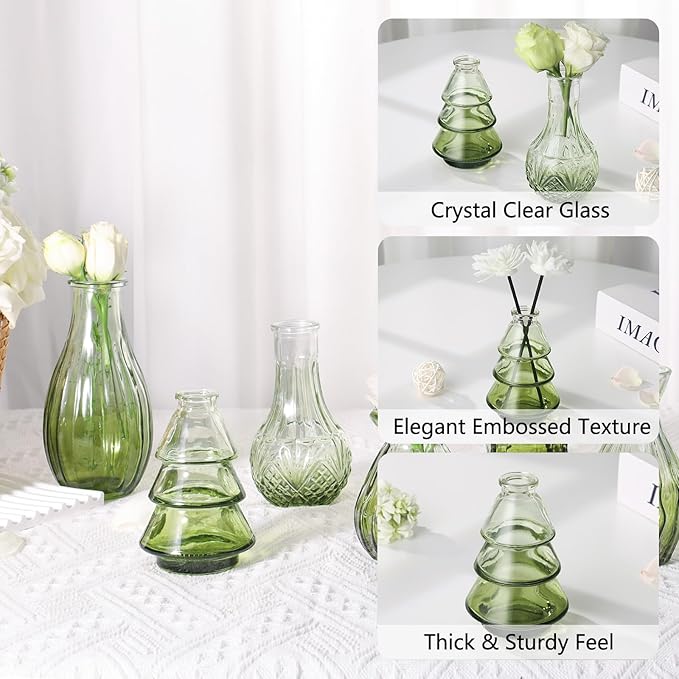 RUCKAE Glass Bud Vases Mini Flower Vase Small Vintage Vases for Centerpiece Table Wedding Decorations Home Decor Party(Gradient Green 22 Pack)