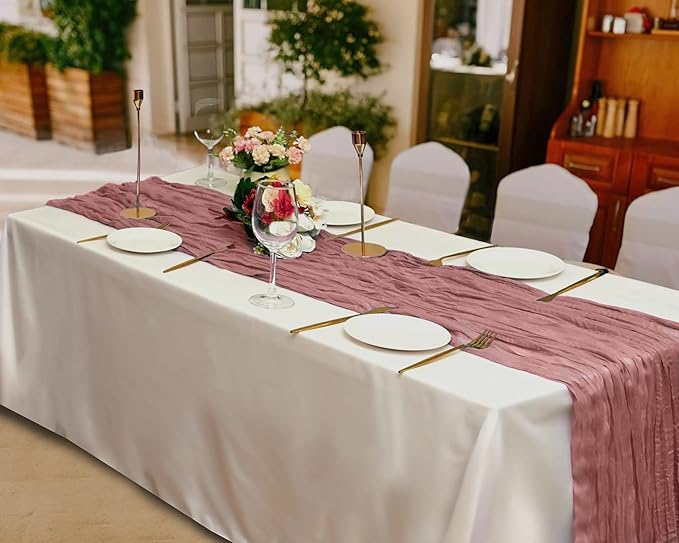 15 Pack Cheesecloth Table Runner 10Ft Cheese Cloth Table Runner 35 x120Inch Boho Gauze Table Runners Rustic Table Cover for Romantic Wedding Birthday Party Bridal Baby Shower Table Decor(Dusty Blush)