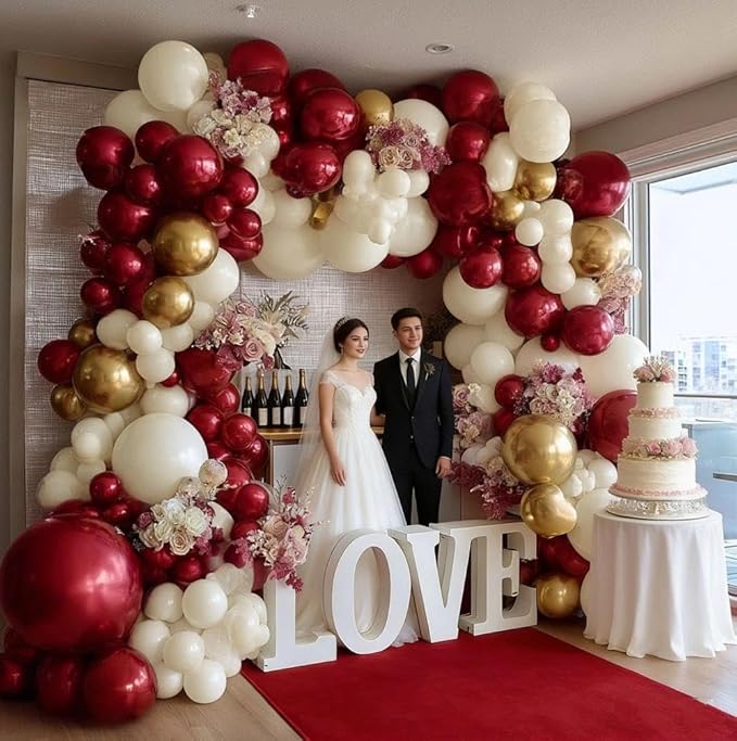 Burgundy Gold Balloons Garland Double Stuffed Wine Red Sand White Metallic Gold Latex Balloons Arch Kit for Bridal Wedding Mother's Day Anniversary Baby Shower Birthday Party Decorations