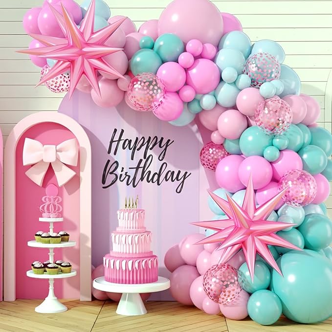 Pink and Teal Blue Balloon Arch Garland Kit, Pastel Pink Teal Blue Turquoise Latex Party Balloons with Star Confetti Balloon for Birthday Wedding Baby Shower Anniversary Party Supplies