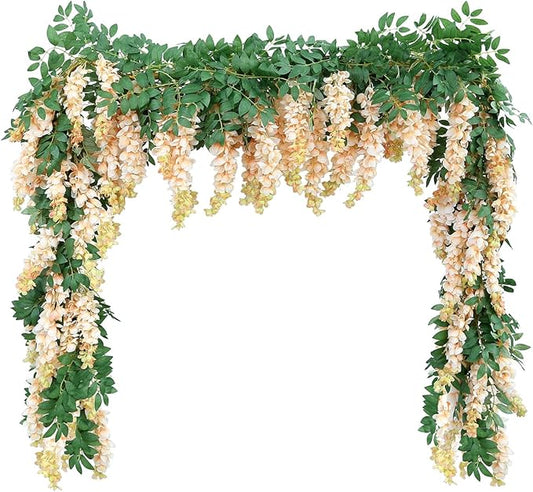 1pc/2pcs Encrypted Flower Vine Wisteria Artificial Flowers Garland,White Wisteria Hanging Flowers Garland Decorations for Home Garden Outdoor Ceremony Wedding Arch Decoration (Champagne Color, 2pcs)