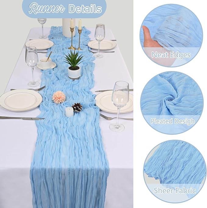 10 Pack Baby Blue Cheesecloth Table Runner 10FT Boho Gauze Fabric Cheese Cloth Table Runners for Wedding ,Party,Baby Shower, Bridal Party, Rustic Farmhouse and Table Decorations
