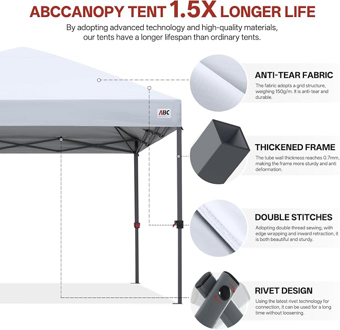 ABCCANOPY 10x10 Pop Up Canopy Tent, Easy Setup Instant Shelter with Wheeled Bag, Heavy Duty Outdoor Canopy for Beach, Market, Backyard, UV Protection, Outdoor Weather Protection (White, 10x10)