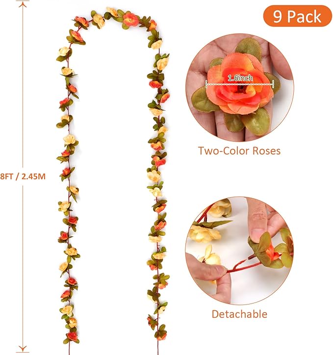 KHOYIME 9 Pack 72 FT Artificial Flower Garland, Fake Orange Roses Vines Silk Flowers Faux Plastic Outdoor Hanging Floral Garland Fall Autumn Decoration for Indoor Table Home Wall Backdrop Room Decor