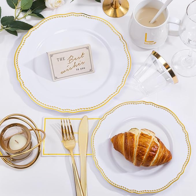 Hioasis 350pcs White and Gold Plastic Plates - Gold Plastic Dinnerware Set Includes 50 Dinner Plates, 50 Dessert Dinnerware, 50 Cups, 50 Rolled Napkin Cutlery Perfect for Wedding & Party