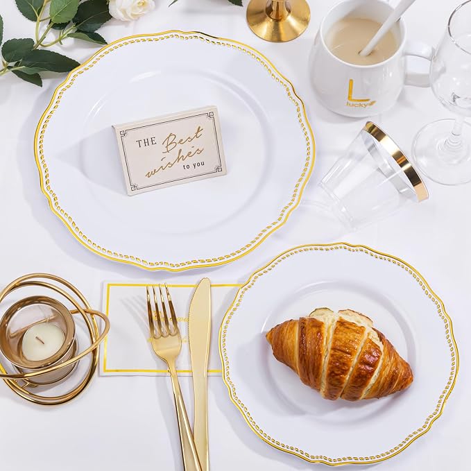 Hioasis 350pcs White and Gold Plastic Plates - Gold Plastic Dinnerware Set Includes 50 Dinner Plates, 50 Dessert Dinnerware, 50 Cups, 50 Rolled Napkin Cutlery Perfect for Wedding & Party