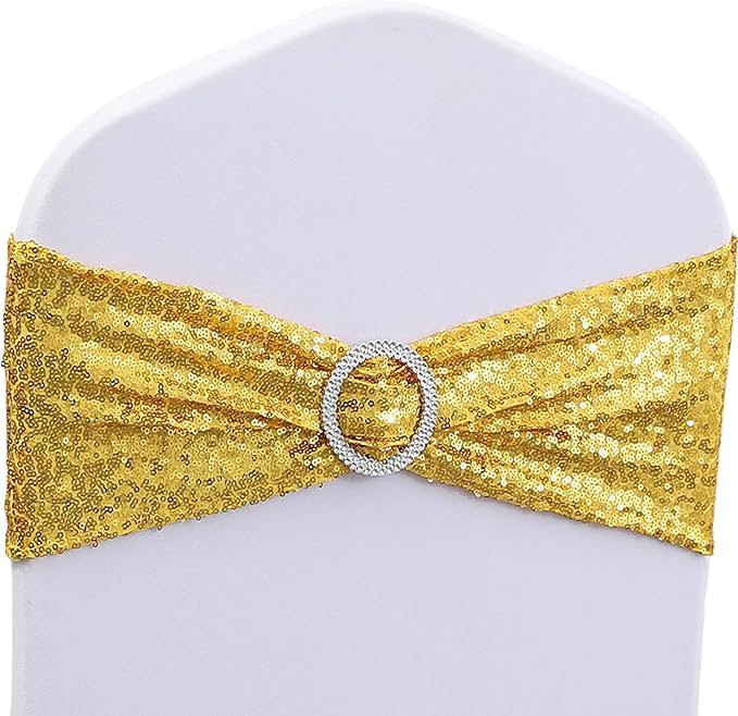 All Sequin Gold Chair Sashes 100 Pack, Gold Sequin Chair Sashes Bows for Wedding Party Folding Chair Decoration, Golden Chairs Band with Buckles for Fiesta Event Decorations