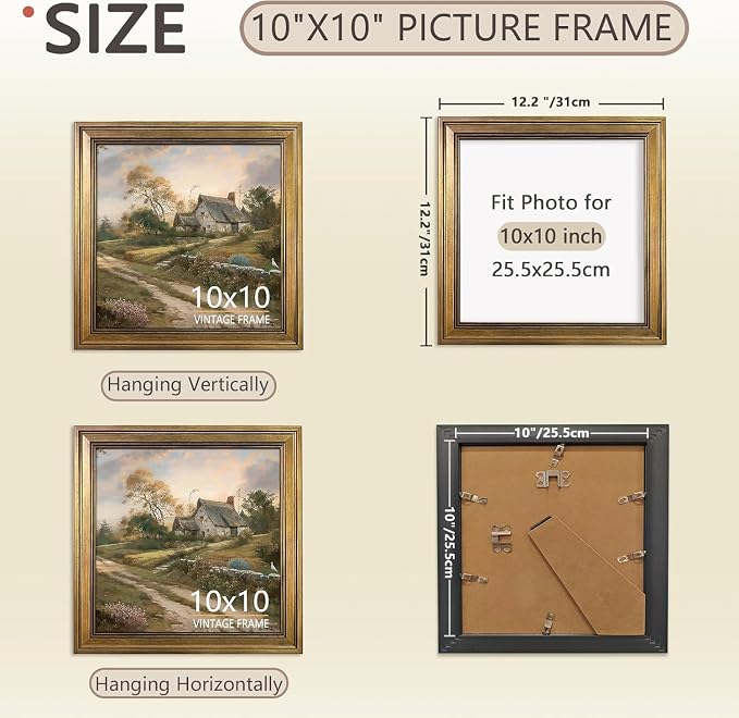 10x10 Picture Frame - Vintage Gold Picture Frames for Tabletop & Wall Mount, 10 x 10 Photo Frame for Living Room, Bedroom, Office Décor & Wedding Anniversary Housewarming