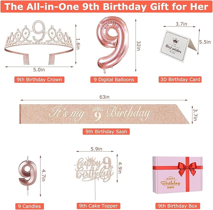 9th Birthday Decorations for Girls, Including 9th Birthday Sash and Tiara, Cake Topper and Candle, Number Balloon, 9 Year Old Girl Gifts