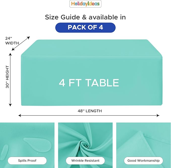 HolidayIdeas 4-Pack 4ft Aqua Rectangle Craft Shows Fitted Tablecloth | Wrinkle resistant table covers; bulk quantity pack for professional trade exhibition displays or vendor booths