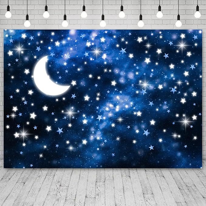 10x6.5ft Starry Night Backdrop Galaxy Night Sky Photography Background Moon Starlight Twinkle Twinkle Little Star Baby Shower Birthday Decorations Newborn Baby Portrait Photo Booth Prop