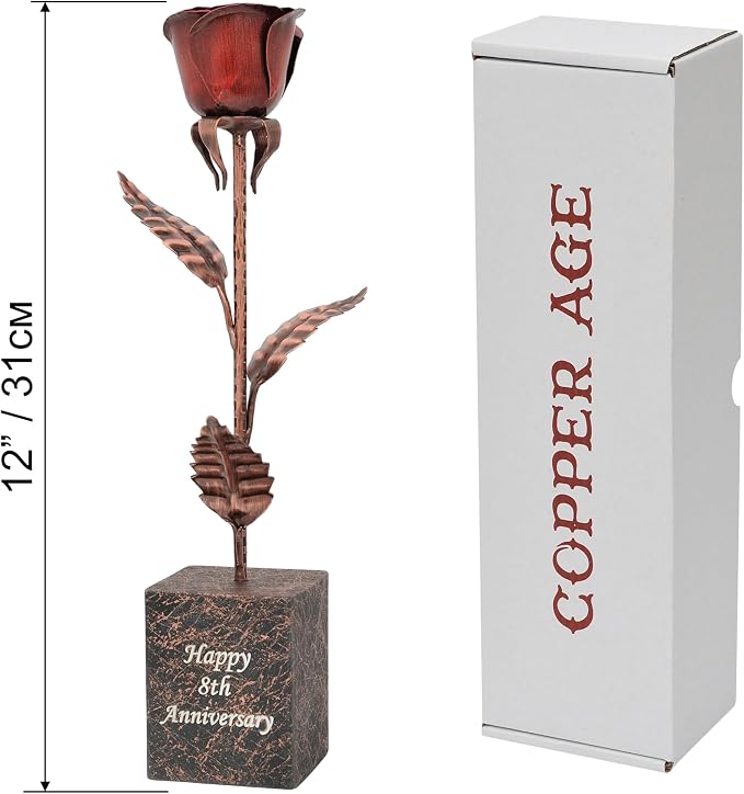 Personalized Bronze Anniversary Rose – 8th or 19th Wedding Anniversary Present, Custom Engraved Solid Copper Flower with Deep Red Bloom – 12 Inch Keepsake