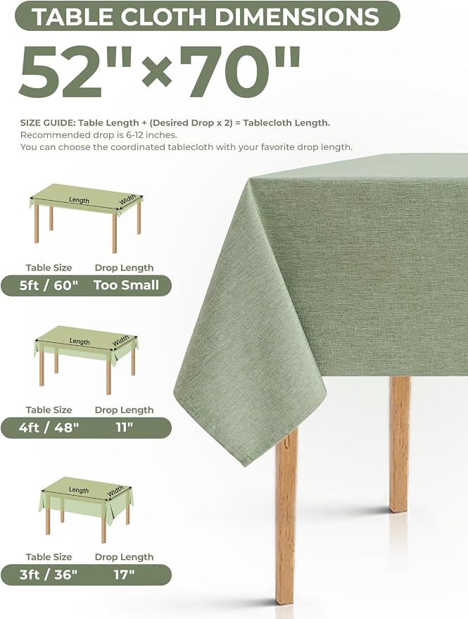 Decorelia Table Cloth for Rectangle Dining Table, Faux Linen Waterproof Texture Farmhouse Washable Rectangular Tablecloth Cover for Birthday, Party, Picnics, Outdoor Decor(Sage Green, 52 x70 Inch)