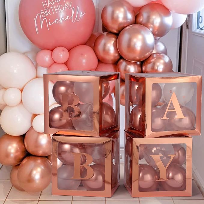 Valentine's Day Balloon Box with Letters Gift Box for Romantic Surprise Baby Boxes for Baby Shower, Gender Reveal Decorations with 4 Transparent Boxes for Baby Shower Decorations(Rose Gold)