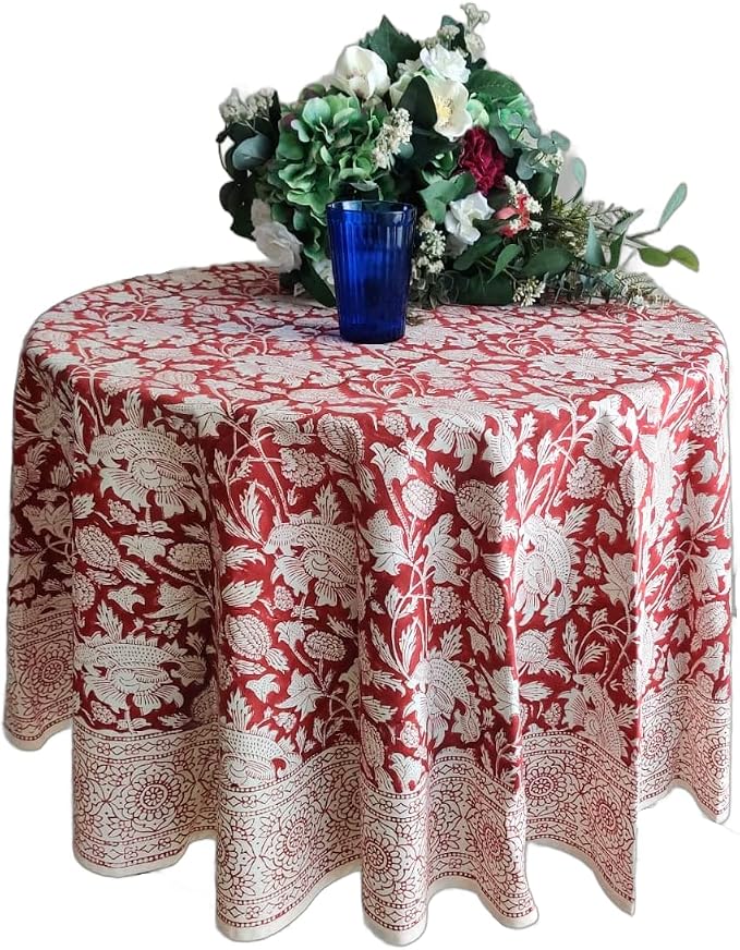 ATOSII Meraki Red 100% Cotton Round Tablecloth, Handblock Print Floral Table Cloth for Kitchen Dining Linen I Parties, Weddings, Outdoors I 60" Inches Round I 4 Seater