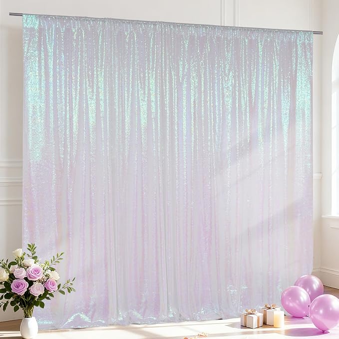 SquarePie 10x10ft Iridescent Sequin Backdrop for Photography, Satin-Backed Real Sequin Curtain, Enhanced Coverage Shimmering Background with 4" Rod Pocket for Wedding, Birthday, Party Decor, 1 Panel