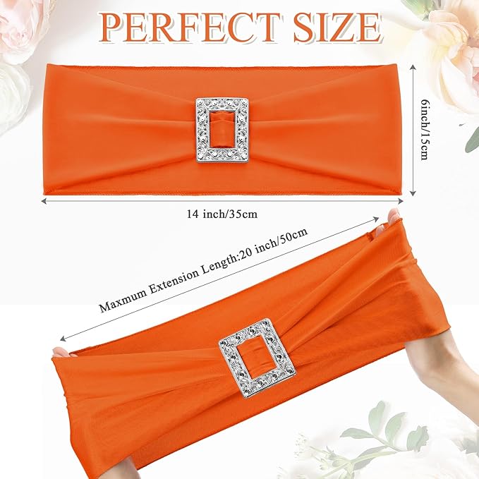 VitalCozy 100 Pcs Spandex Chair Sashes with Square Buckle Slider Stretch Chair Cover Band Universal Elastic Ties Straps Bows for Wedding Banquet Event Party Decoration(Orange)