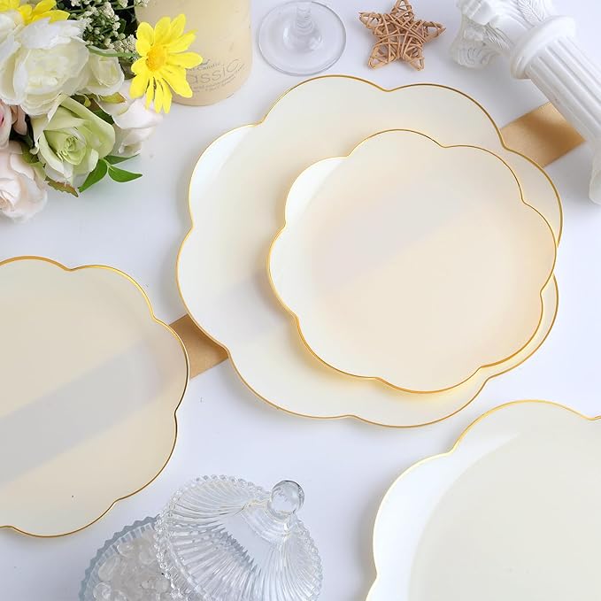 supernal 60pcs Ivory Gold Plastic Plates, Elegant Scalloped Disposable Dinnerware Set (30 Dinner & 30 Dessert Plates) - Heavy Duty Cream Floral Plates for Wedding, Bridal Shower, Mother's Day&Parties
