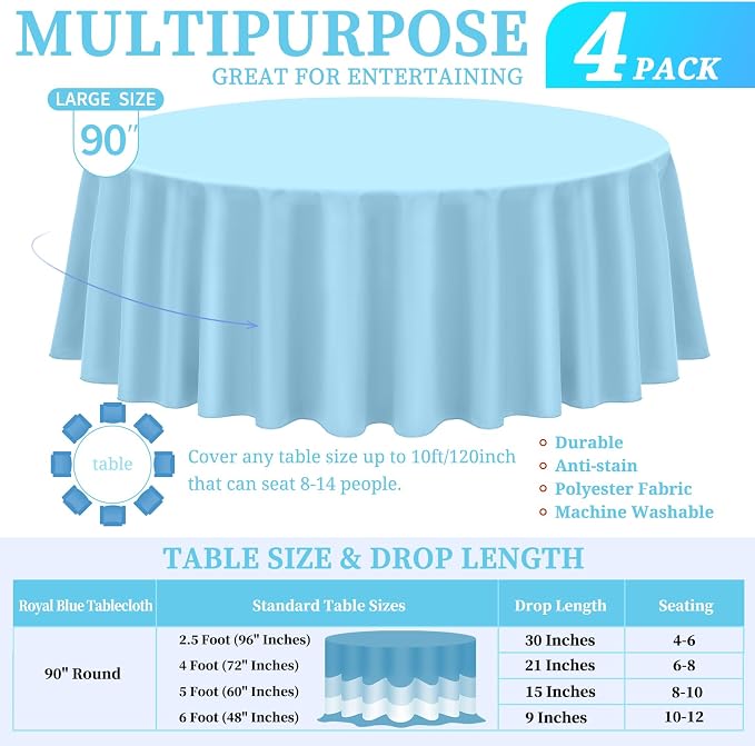 Showgeous Light Blue Round Tablecloth 90 Inch 4 Pack | Polyester, For Round Tables, Dining Wedding Party