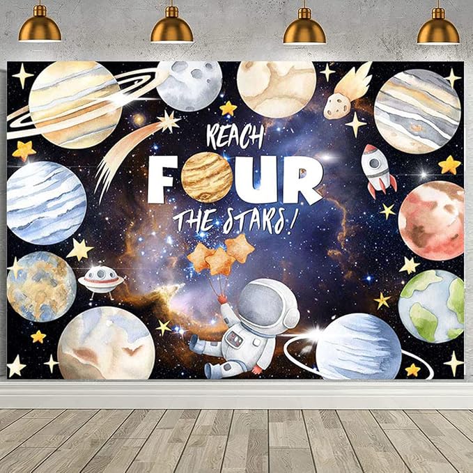 Reach Four The Stars Space Theme Children Birthday Backdrop 4th Birthday Party Kids Astronaut Themed Birthday Party Decoration Boy Girl Birthday Photography Decorations Banner (6X4FT)