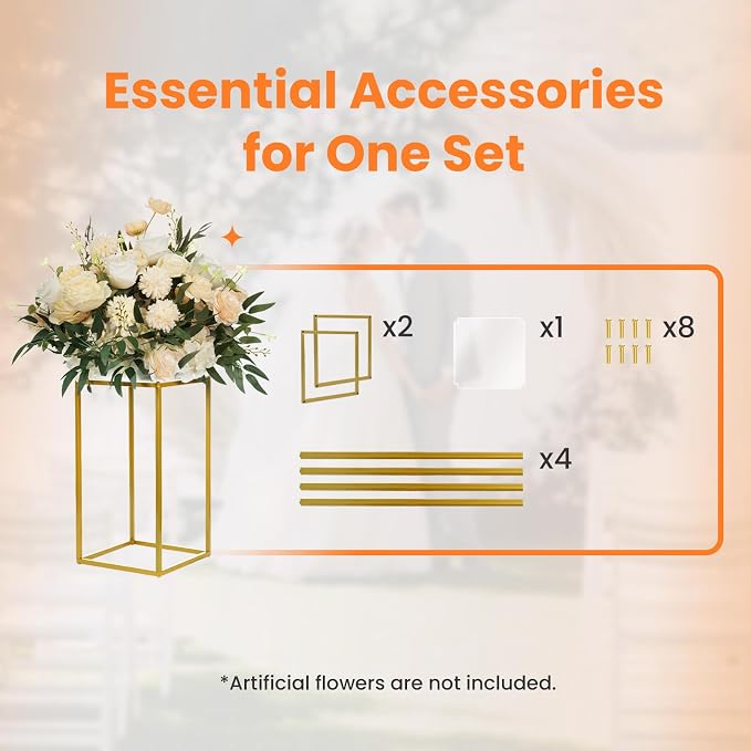 YALLOVE 2 Pack 15.75 Inch Gold Wedding Flower Stand Metal Vase Column Stand Geometric Centerpiece Vase for Home Party Wedding Decorations, Rectangular Flower Display Rack