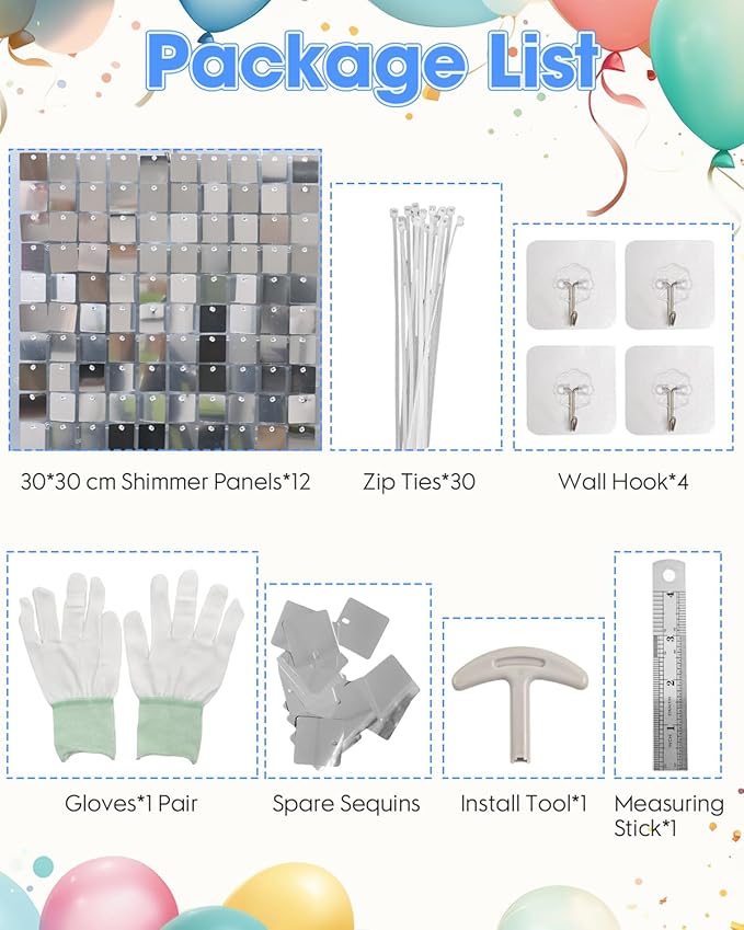 Silver Shimmer Wall Backdrop 12 Panels Cover 4 x 3 Ft, Photo Backdrops for Wedding,Anniversary,Birthday,Party Decoration