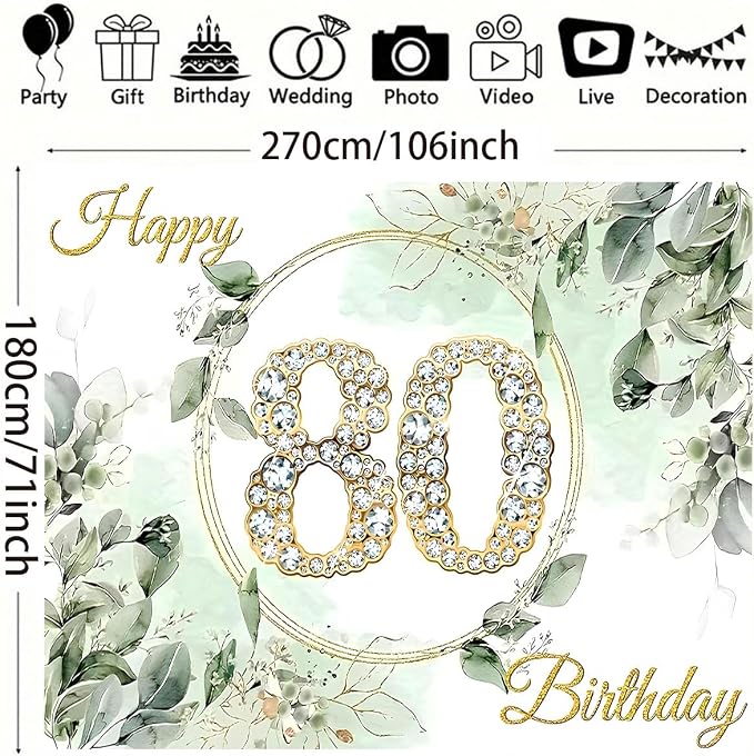 Greenery Eucalyptus Leaves 80th Birthday Backdrop Sage Green Succulent Birthday Decorations Gold Diamond Design Adult Women Men 80th Anniversary Birthday Wedding Banner (D, 9X6FT)