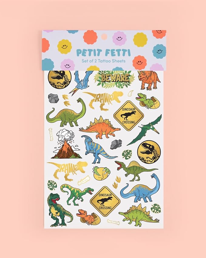 xo, Fetti Dinosaur Temporary Tattoos - Gold Foil, 44 pcs | Kids Jurassic Birthday Party Supplies, Dino Party Favor, T-Rex Fossil Decorations
