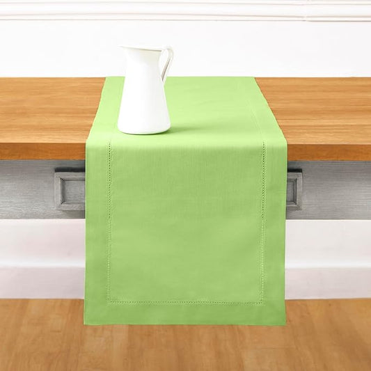 Solino Home Cotton Linen Table Runner 120 Inches Long - Hemstitch Apple Green Dining Table Runner 14 x 120 Inch for Spring, Summer, Mothers Day
